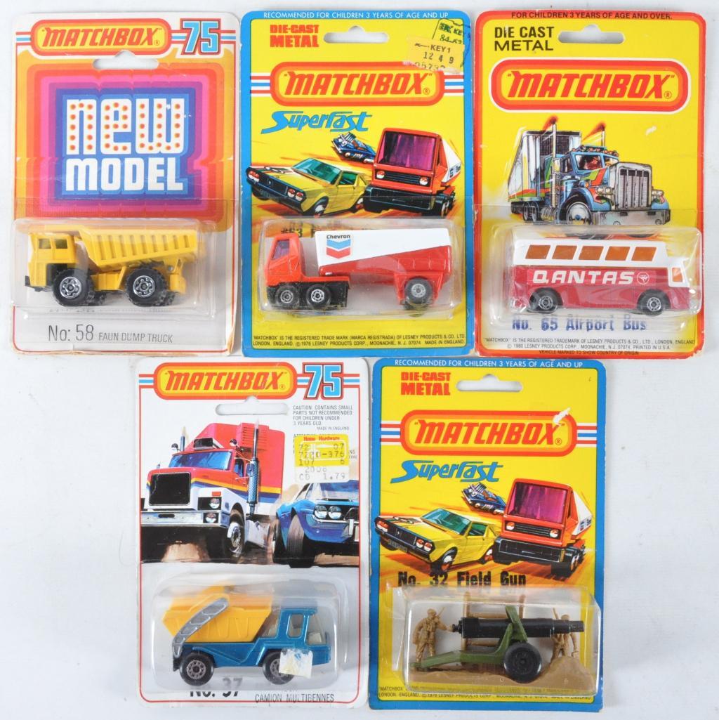 Group of 5 Matchbox Superfast Die-Cast Vehicles in: Includes No. 32, 37, 65, 63, and 58. Some Damage to Packaging, New in Original Packaging