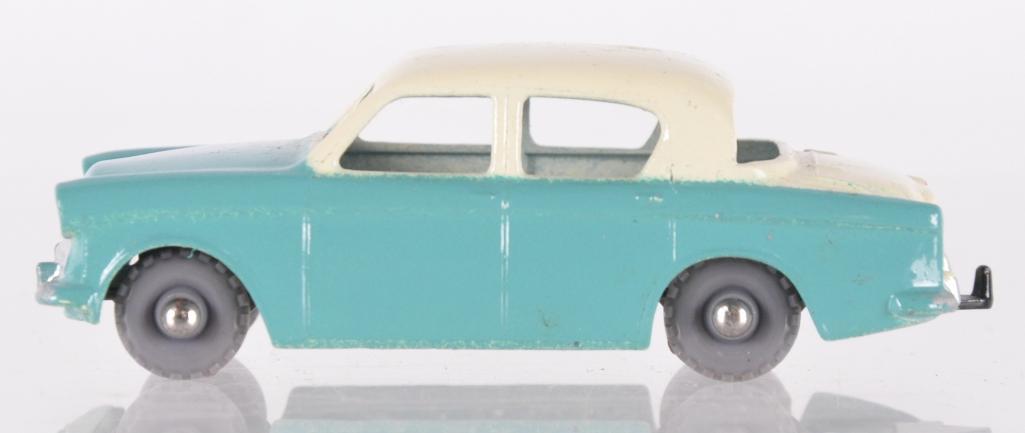 Matchbox No. 43 Hillman Minx Die-Cast Vehicle: Teal and Off White Body with GPW, and Black Base, A Lesney Product, Made in England