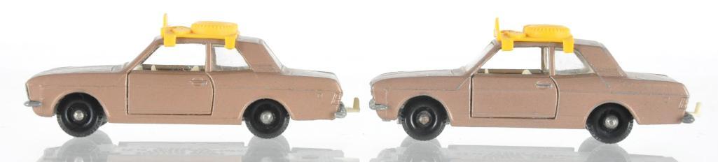 Group of 2 Matchbox No. 25 Ford Cortina Die-Cast: Both have Tan Bodies with White Interior, and Yellow Luggage Rack, A Lesney Product, Made in England