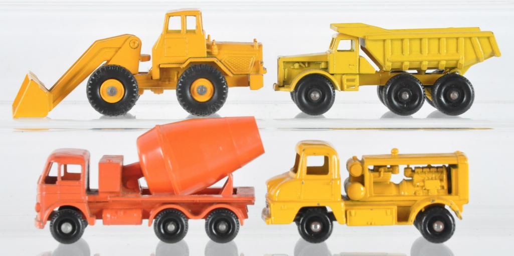 Group of 4 Matchbox Die-Cast Vehicles: Includes No. 26 Foden Cement Mixer, No 69 Shovel Tractor, No. 28 Thames Trader Compressor Truck, and No. 6 Euclide Dumper Truck, A Lesney Product, Made in England