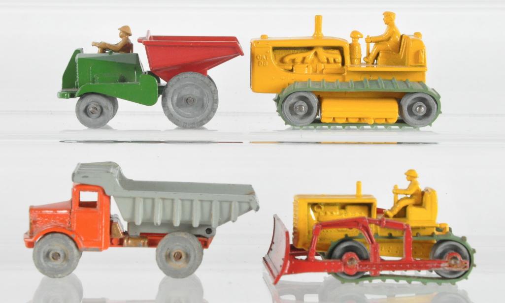 Group of 4 Matchbox Die-Cast Vehicles: Includes No. 2 Muir Hill Dumper, No. 8 Caterpillar Tractor, No. 18 Caterpillar Bulldozer, and No. 6 Quarry Truck, A Lesney Product, Made in England