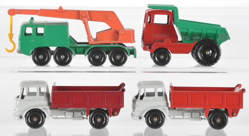 Group of 4 Matchbox Die-Cast Vehicles: Includes 2 No. 3 Bedford 7 1/2 Ton Tippers, No. 30 8 Wheel Crane, and No. 2 Muir Hill Dumper, A Lesney Product, Made in England