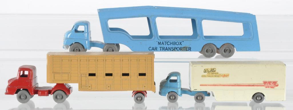 Group of 3 Matchbox Accessory/Major Pack Die-Cast: Includes Major Pack No. 7 Jennings Cattle Truck, No. 2 Bedford Articulated Truck, and Accessory Pack No. 2 Car Transporter. A Lesney Product, Made in England
