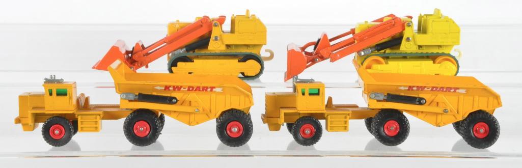 Group of 4 Matchbox King Size No. 11 Fordson Die-Cast: Includes 2 No. 2 KW Dart Dump Trucks and 2 No. 8 Caterpillar Traxcavator (One is Damaged) A Lesney Product, Made in England