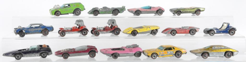 Group of 15 Hot Wheels Redlines Die-Cast Vehicles: All Are Damaged, Includes Side Kick, Peeping Boma, Splittin Image, Red Baron, and More. Mattel