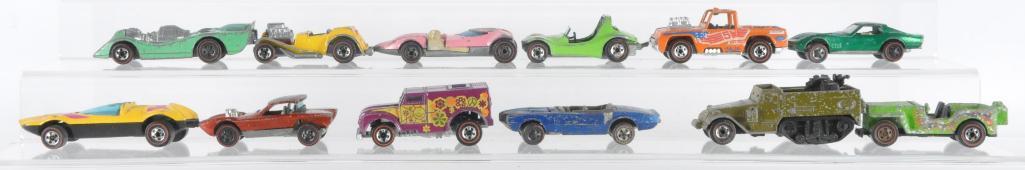 Group of 12 Hot Wheels Redlines Die-Cast Vehicles: All Are Damaged, Includes Baja Bruiser, Python, Swingin Wing, and More. Mattel