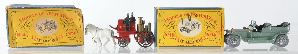 Group of 2 Matchbox Models of Yesteryear Die-Cast: Includes Y-4 Shand Mason Horse Drawn Fire Engine (with Damaged Box) and Y-15 Rolls Royce Silver Ghost with Grey Tires, A Lesney Product, Made in England