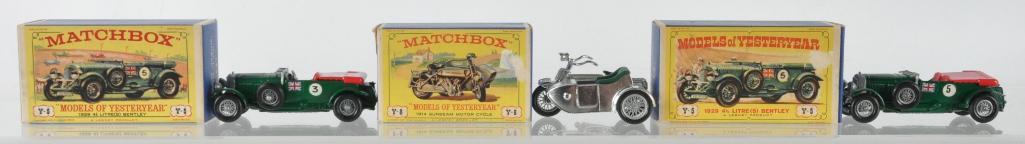 Group of 3 Matchbox Models of Yesteryear Die-Cast: Includes Y-5 1929 4 1/2 Litre "Blower" Bentley and Y-8 1914 Sunbeam Motor Cycle, A Lesney Product, Made in England