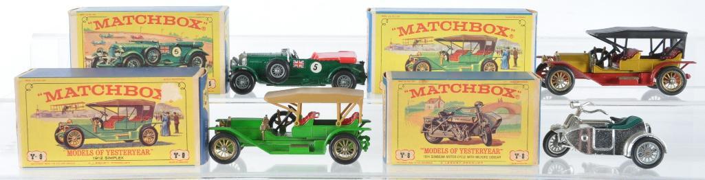 Group of 4 Matchbox Models of Yesteryear Die-Cast: Includes Y-8 1914 Sunbeam Motor Cycle with Milford Sidecar, Y-9 1912 Simplex, and Y-6 1929 Bentley , A Lesney Product, Made in England