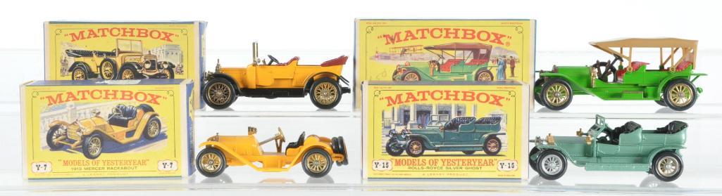 Group of 4 Matchbox Models of Yesteryear Die-Cast: Includes Y-15 1907 Rolls Royce Silver Ghost, Y-7 1913 Mercer Raceabout, Y-13 1911 Daimler, and Y-9 1912 SImplex. A Lesney Product, Made in England , Some Box Damage