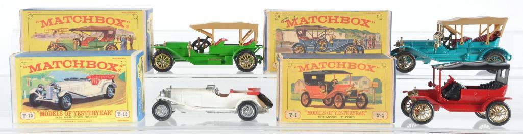 Group of 4 Matchbox Models of Yesteryear Die-Cast: Includes Y-1 1911 Model T Ford, Y-10 1928 Mercedes 36/220, Y-12 1909 Thomas Flyabout, and Y-9 1912 Simplex, A Lesney Product, Made in England