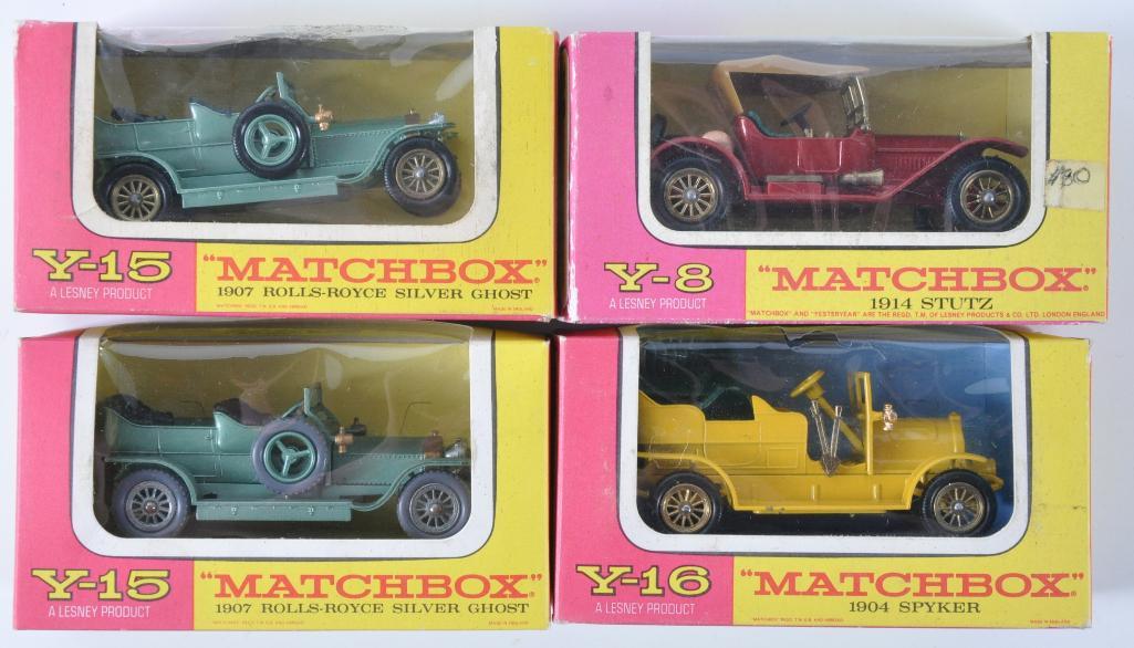 Group of 4 Matchbox Models of Yesteryear Die-Cast: Includes Y-16 1904 Spyker, Y-15 1907 Rolls Royce Silver Ghost, and Y-8 1914 Stutz, A Lesney Product, Made in England