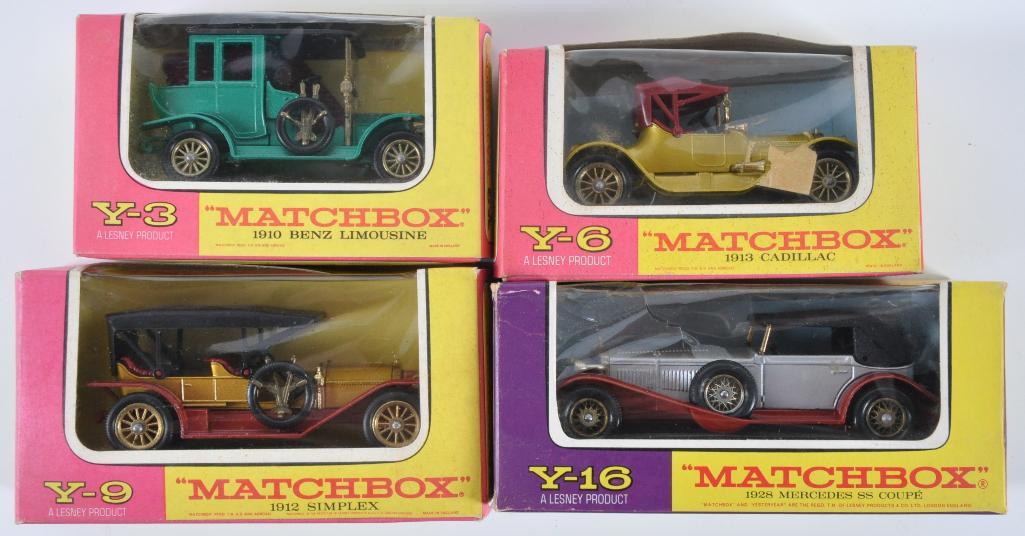 Group of 4 Matchbox Models of Yesteryear Die-Cast: Includes Y-16 1928 Mercedes SS Coupe, Y-6 1913 Cadillac, Y-3 1910 Benz Limousine, and Y-9 1912 Simplex, Some Damage to Packaging, A Lesney Product, Made in England