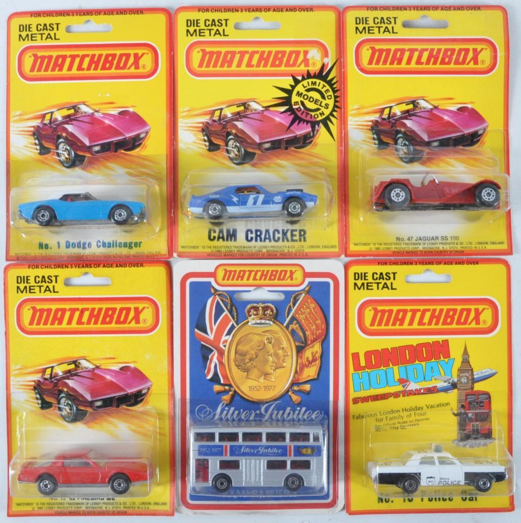Group of 6 Matchbox Superfast Die-Cast Vehicles in: Includes No. 10 Police Car, Silver Jubilee Bus, No. 12 '82 Firebird SE, No. 47 Jaguar SS 100, Cam Cracker, and No. 1 Dodge Charger, New in Original Packaging, A Lesney Product, Made in England