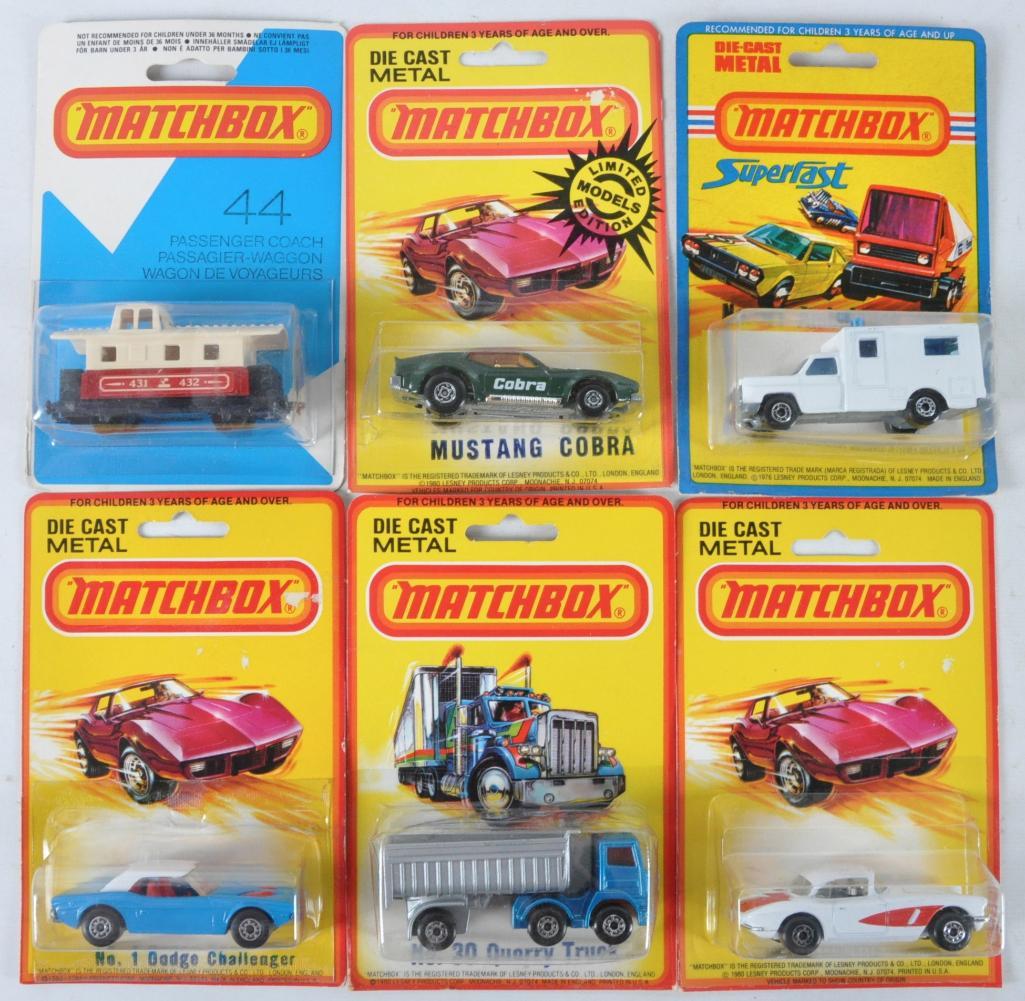 Group of 6 Matchbox Superfast Die-Cast Vehicles in: Includes No. 71 '62 Corvette, No. 320 Quarry Truck, No. 1 Dodge Charger, No. 41 Ambulance, No. 44Passenger Coach, and Mustang Cobra, New in Original Packaging, A Lesney Product, Made in England