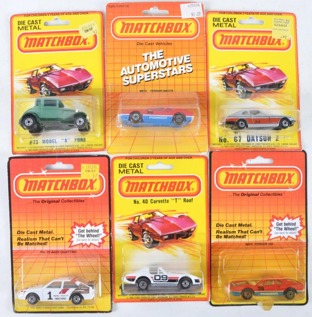 Group of 6 Matchbox Superfast Die-Cast Vehicles in: Includes No. MB70 Ferrari 308, No. 40 Corvette T Roof, No. 23 Audi Quattro, No. 67 Datsun Z, and No. 73 Model A Ford, New in Original Packaging, A Lesney Product, Made in England