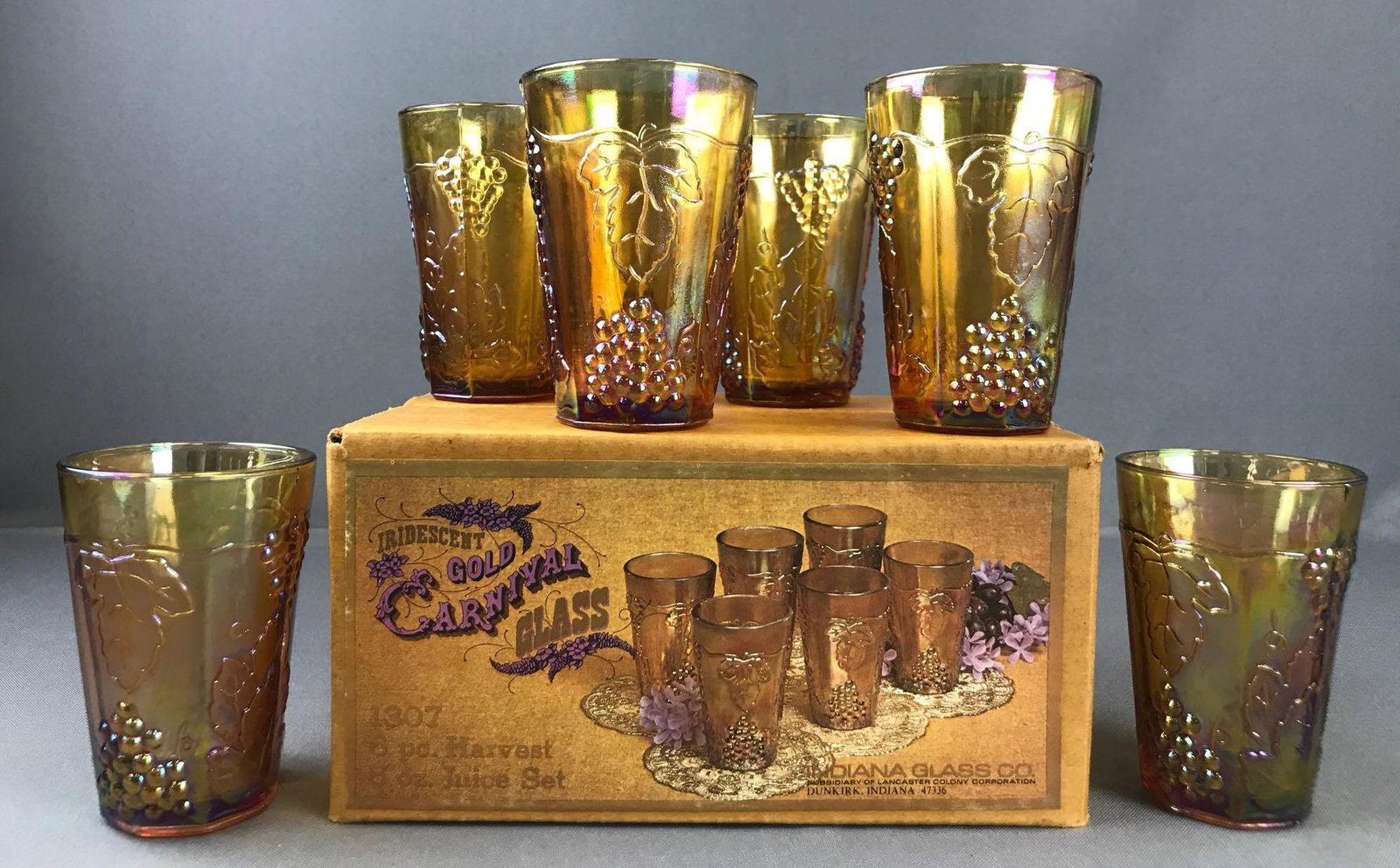 Group of 12 Irridescent Gold Indiana Glass Co. Carnival: 5oz, 4 inches. 6 pieces in original packaging.
