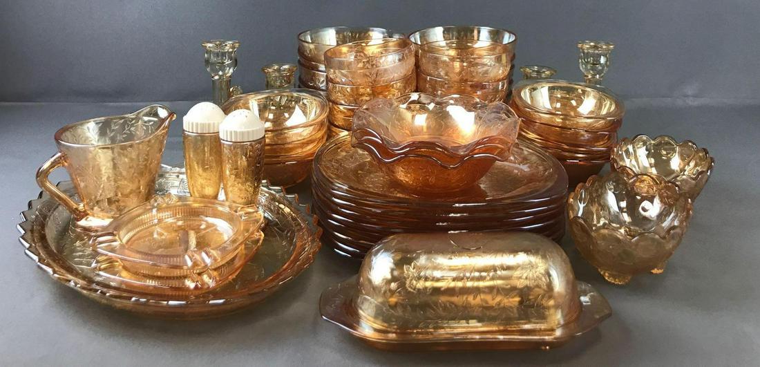 Group of 50+ Antique Carnival Glass: Platter-11.75 inches, (8) Dinner Plates-8.5 inches, (12) cereal bowls-5.5 inches
