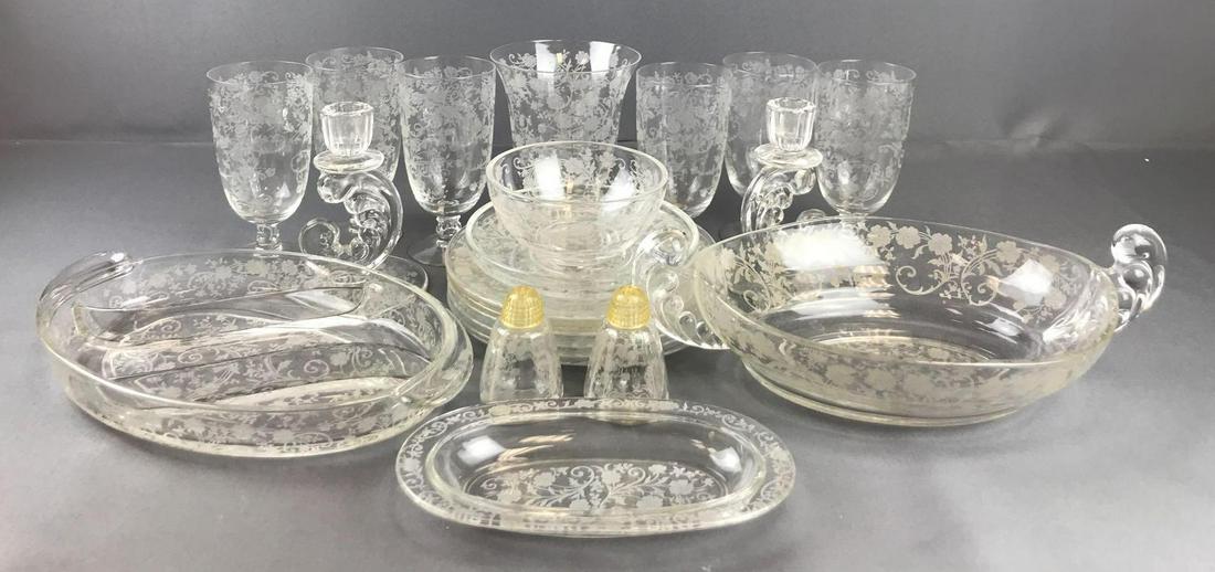 Group of 21 pieces Fostoria Depression Glass: 2 handled oblong dish-10 inches, vase-6 inches, candlesticks-5.5 inches