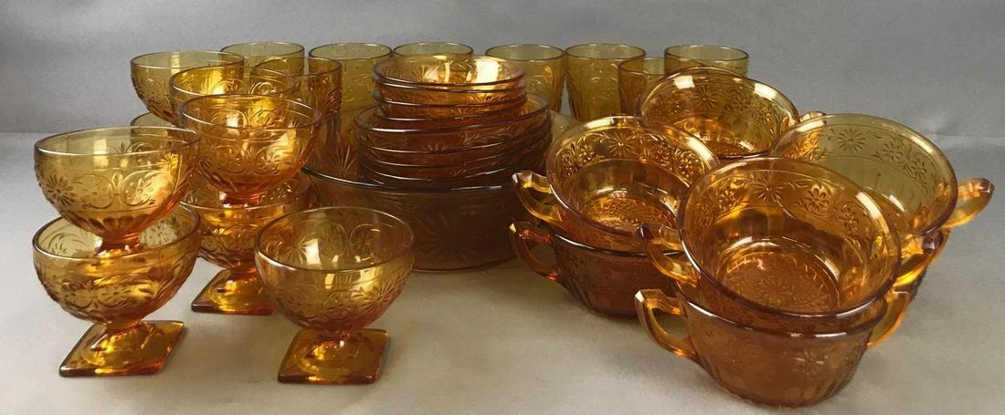 Group of 38 pieces Amber Depression Glass-Daisy Amber: Deep Berry Bowl-9.5 inches, 9oz footed tumblers-4.75 inches