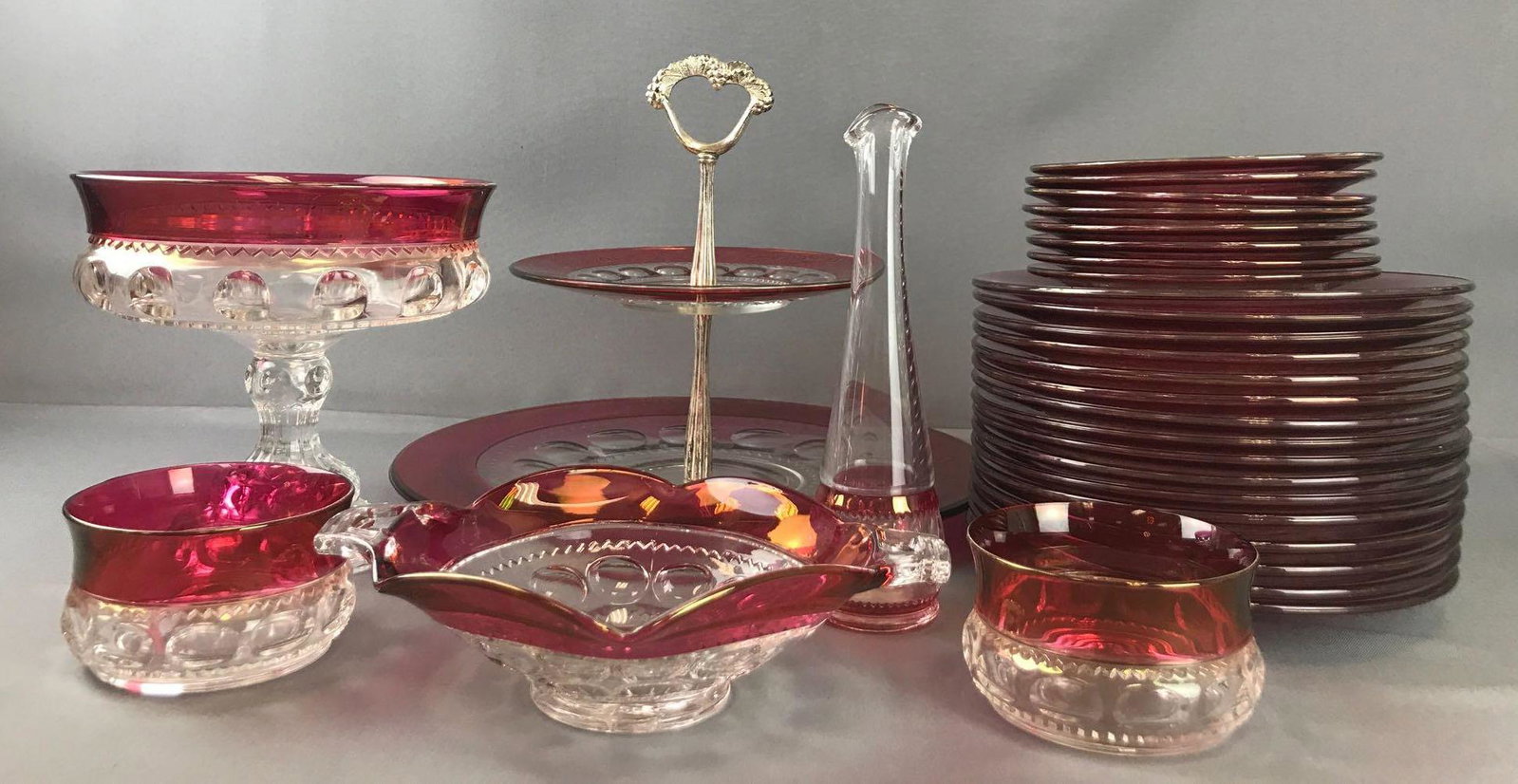 Group of 30 pieces red/clear Depression Glass-Kings: 2-tier handled Tid-Bitâ€”13x10 inches, Bud Vase-9 inches
