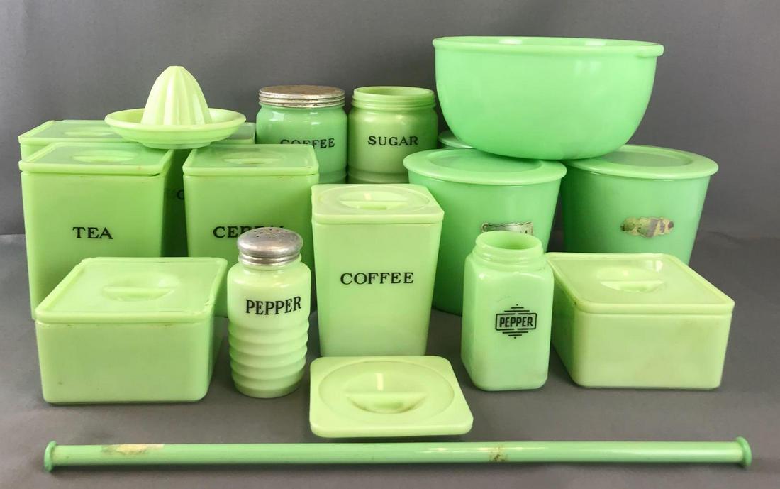 Group of 18 pieces Jadeite-Mostly Jeannette: Tall canisters-7.75 inches, Mixing Bowl(not Jeannette)-9.5 inches, towel bar-17.5 inches