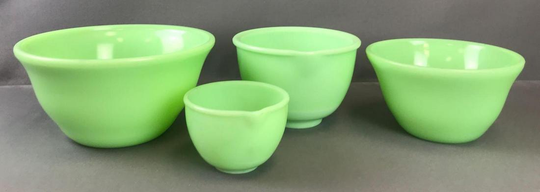 Group of 4 McKee Jadeite mixing/batter bowls: Largest bowl-9 inches, large spouted bowl-6.5 inches