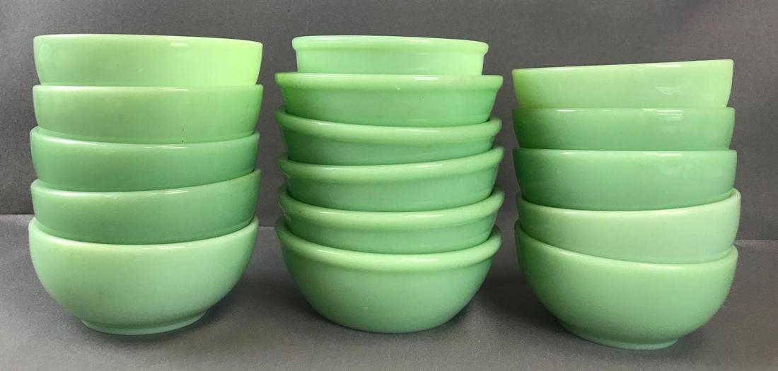 Group of 16 FireKing Jadeite bowls: Largest is 5.5 inches