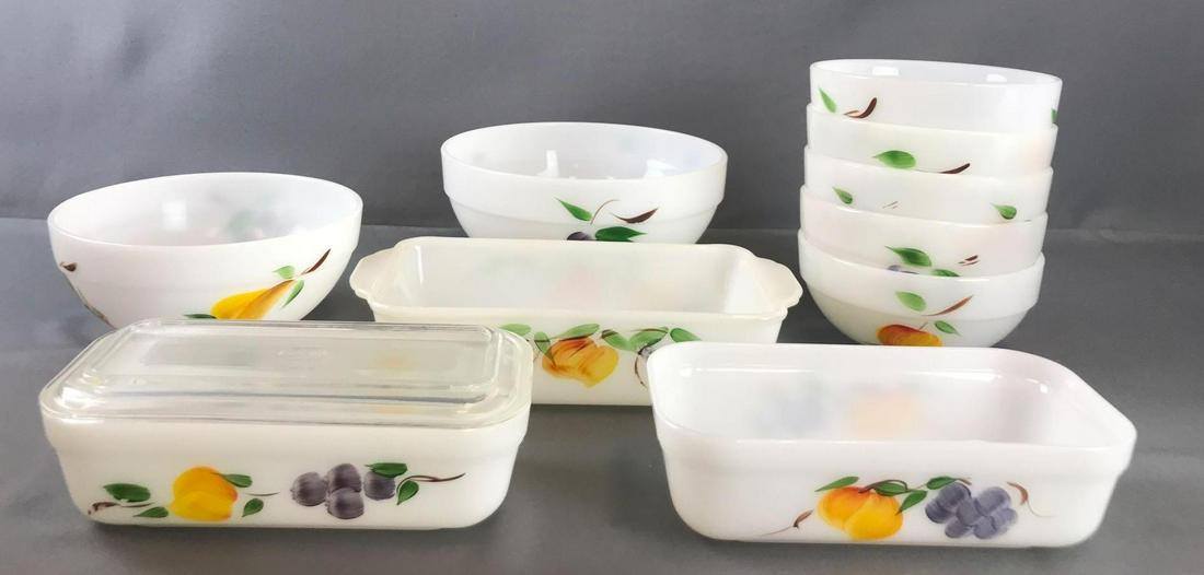Group of 10 pieces FireKing Colonial Oven Ware-Fruits: Large mixing bowl-8.75 inches, loaf pan-10.5 inches