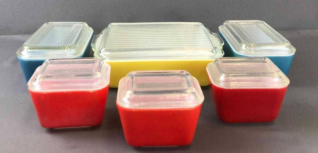 Group of 6 pieces Pyrex Primary Colors Refrigerator: Yellow-9.5x7x3.5 inches, blue-6.5x4x3.5 inches