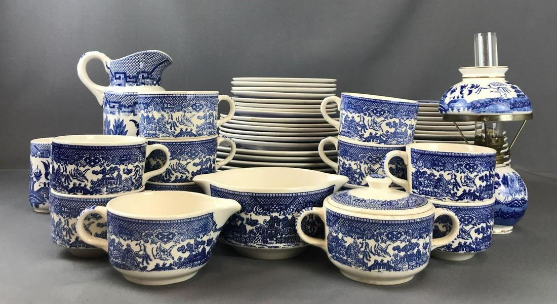 Group of 59 pieces Blue Willow China dinnerware: Multiple marks: Blue Willow by Royal China, Willow Ware by Royal China, Royal China, and several unmarked pieces. Willow Ware Sandwich plate-12 inches, WW dinner plates-10 inches