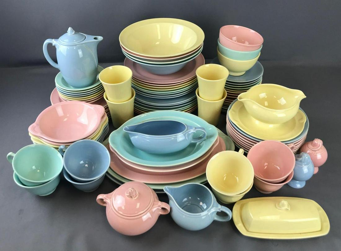 Group of 80+ Taylor, Smith and Taylor pottery: Oval platters-13.5 inches, Dinner plates-10 inches