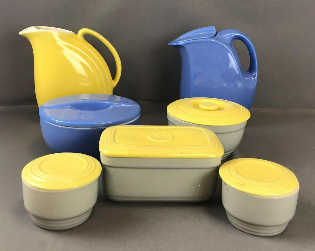 Group of 7 pieces Hall Ovenware Exclusives: Made for Montgomery Wards and General Electric. Yellow pitcher-8.5 inches, Blue dish-7 inches