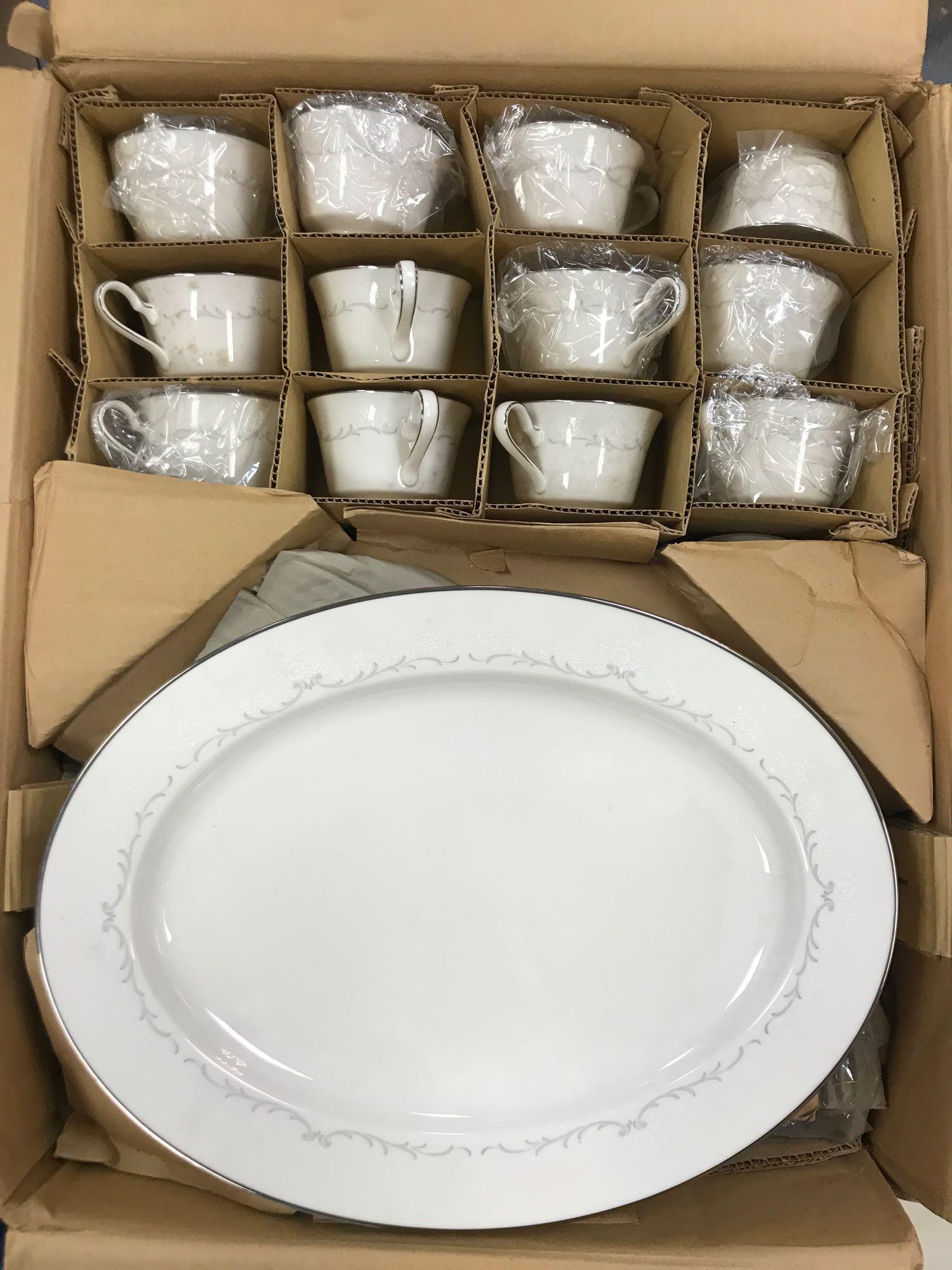 2 full shipping boxes Noritake China-Irene: 96 pieces total. Appear to have never been completely unpacked-Large Oval tray-16.25 inches