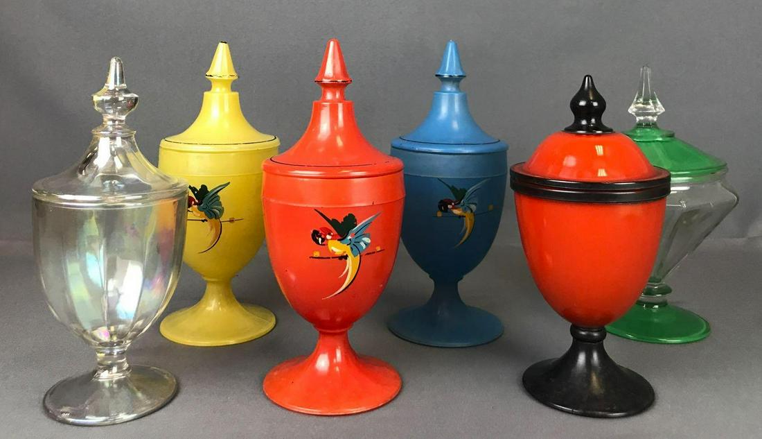 Group of 6 vintage covered Candy Jars: (3) Bird decorated-9.5 inches, Clear Irridescent-9 inches