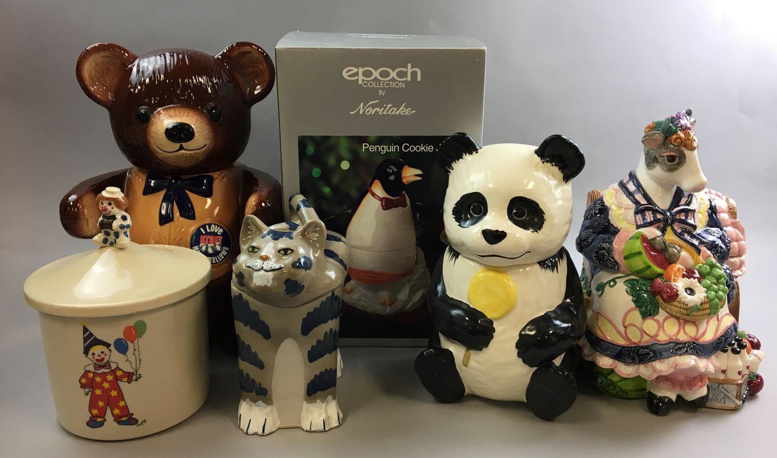 Group of 6 Cookie Jars: One in original box, largest is 15 inches tall