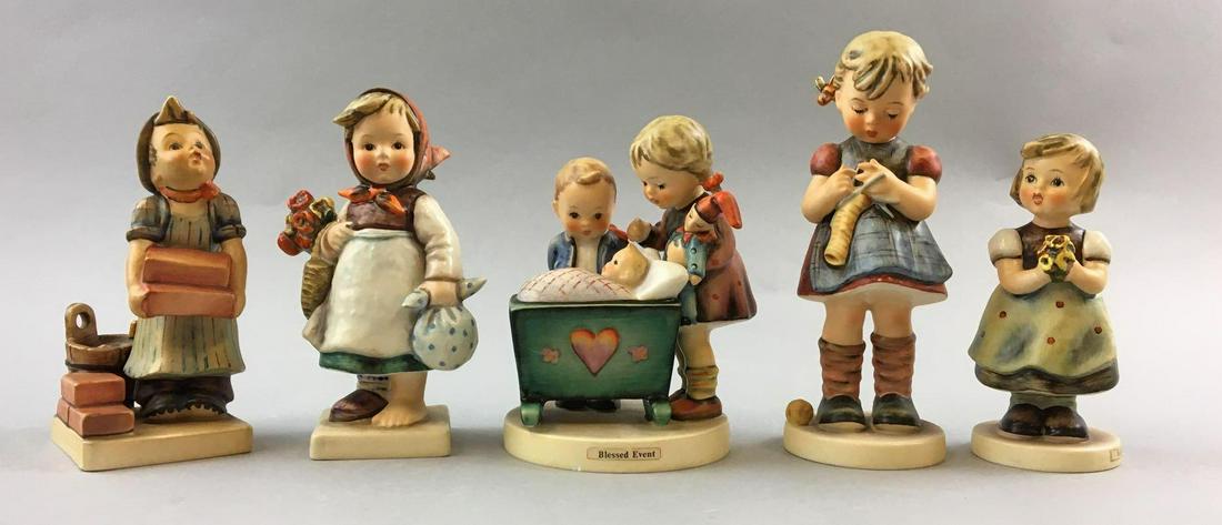 Group of 5 Vintage Goebel Hummels: Includes blessed event, weary wanderer, for mother and more, W. Germany, largest is 6 inches tall