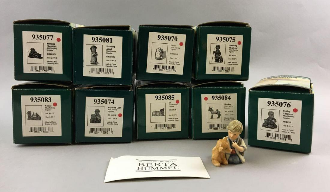 Group of 9 Berta Goebel Hummels In Original Boxes: Includes standing shepherd, Jesus, camel, donkey and more, Largest is 3 inches tall