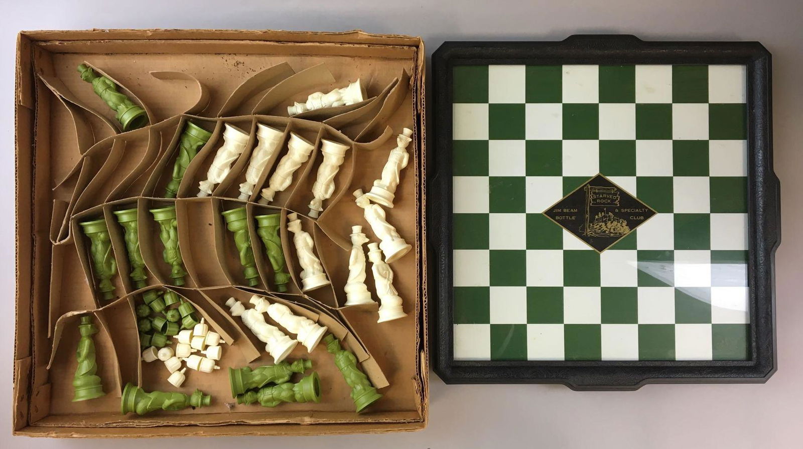 Starved Rock Jim Beam Bottle and Specialty Club Checker: Pieces are 4 1/4 inches tall board is 18 1/2 Square