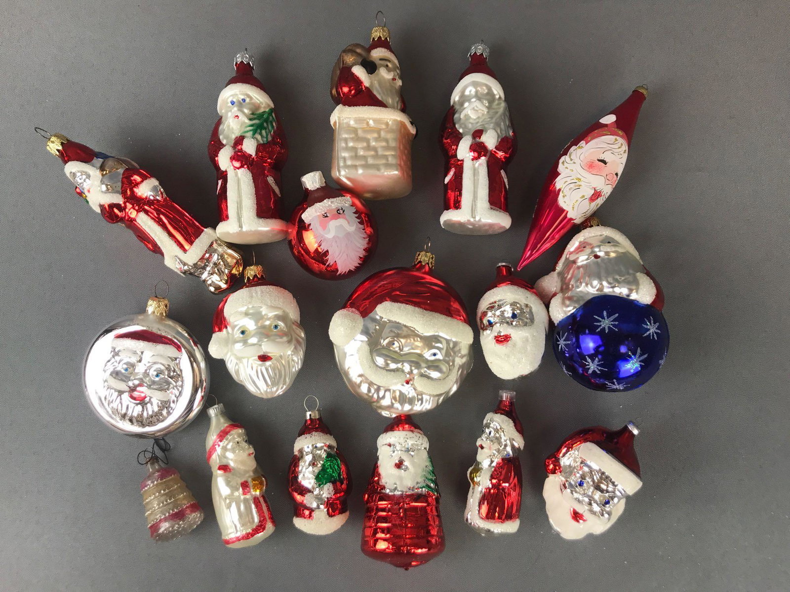 Group of 17 Glass Christmas Ornaments: Largest is 5.5 inches