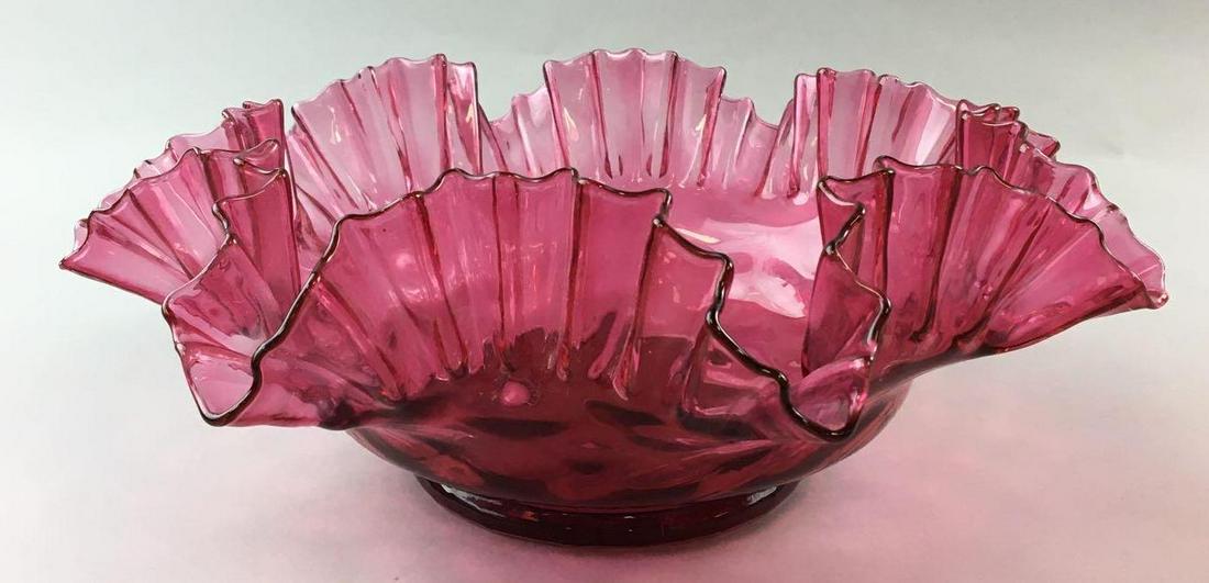 Vintage Cranberry Ribboned Fenton Glass Bowl: 13 inch diameter 4 3/4 inches tall