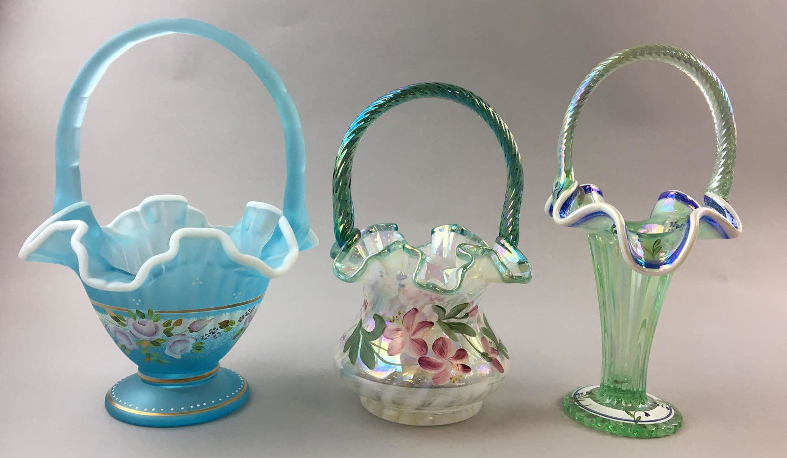 Group of 3 Vintage Signed Handpainted Ribboned Fenton: 1 is a 90 year anniversary, 1 is 95 year anniversary and 1 is Charleton collection, largest is 9 1/2 inches tall
