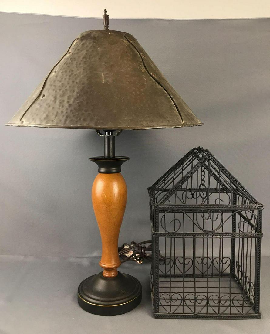Group of 2 pieces home decor: Decorative birdcage and metal/wood table lamp (untested). Lamp is 27.25 inches base to finial.