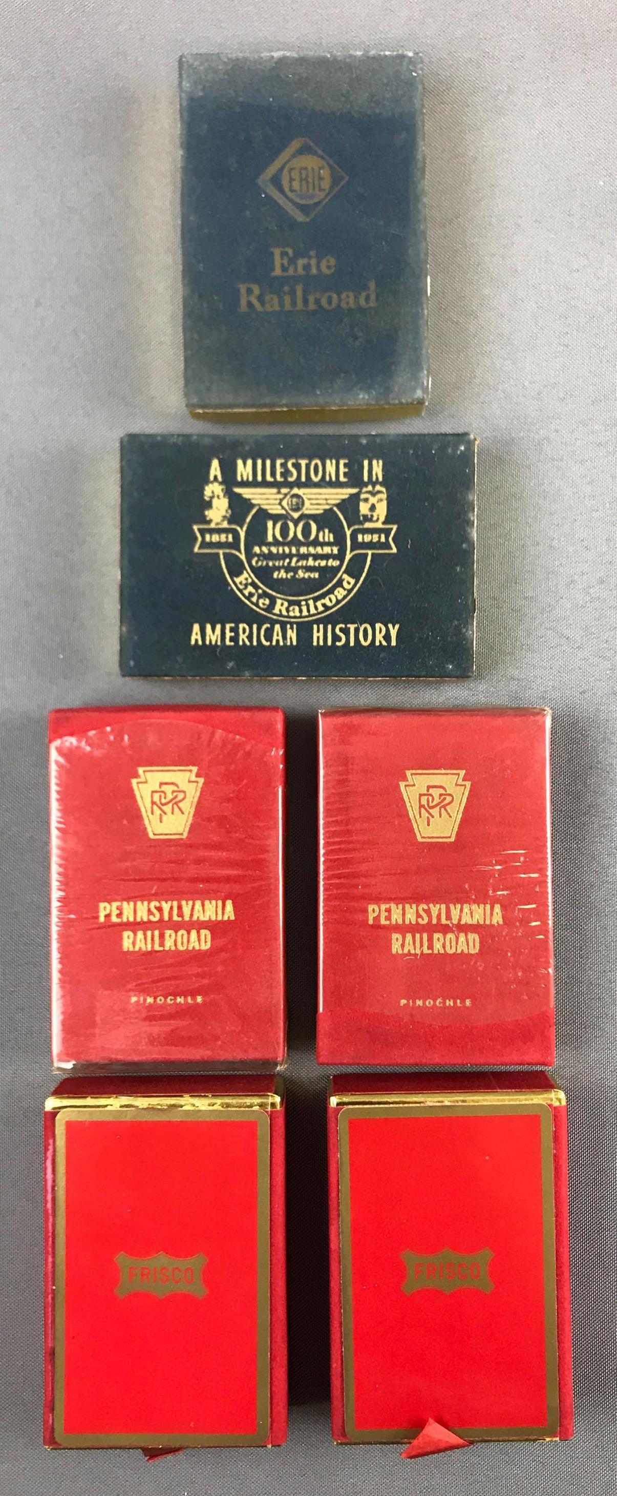 Group of 6 Vintage Railway Playing Cards: Erie railroad, Frisco, Pennsylvania Railroad pinochle. Most sealed. All appear unused.