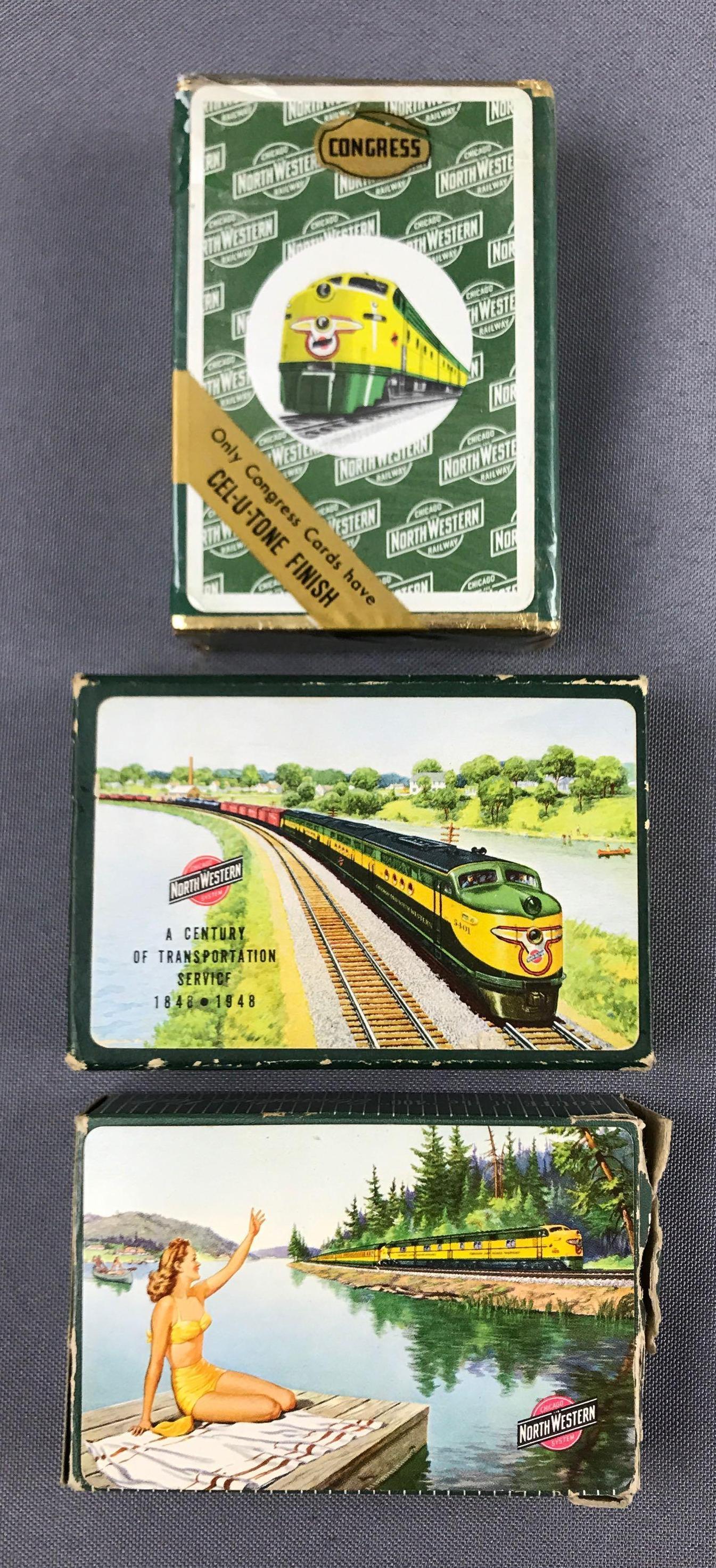 Group of 3 Vintage Chicago and Northwestern system: One sealed deck of Congress cards, 2 are in used condition.
