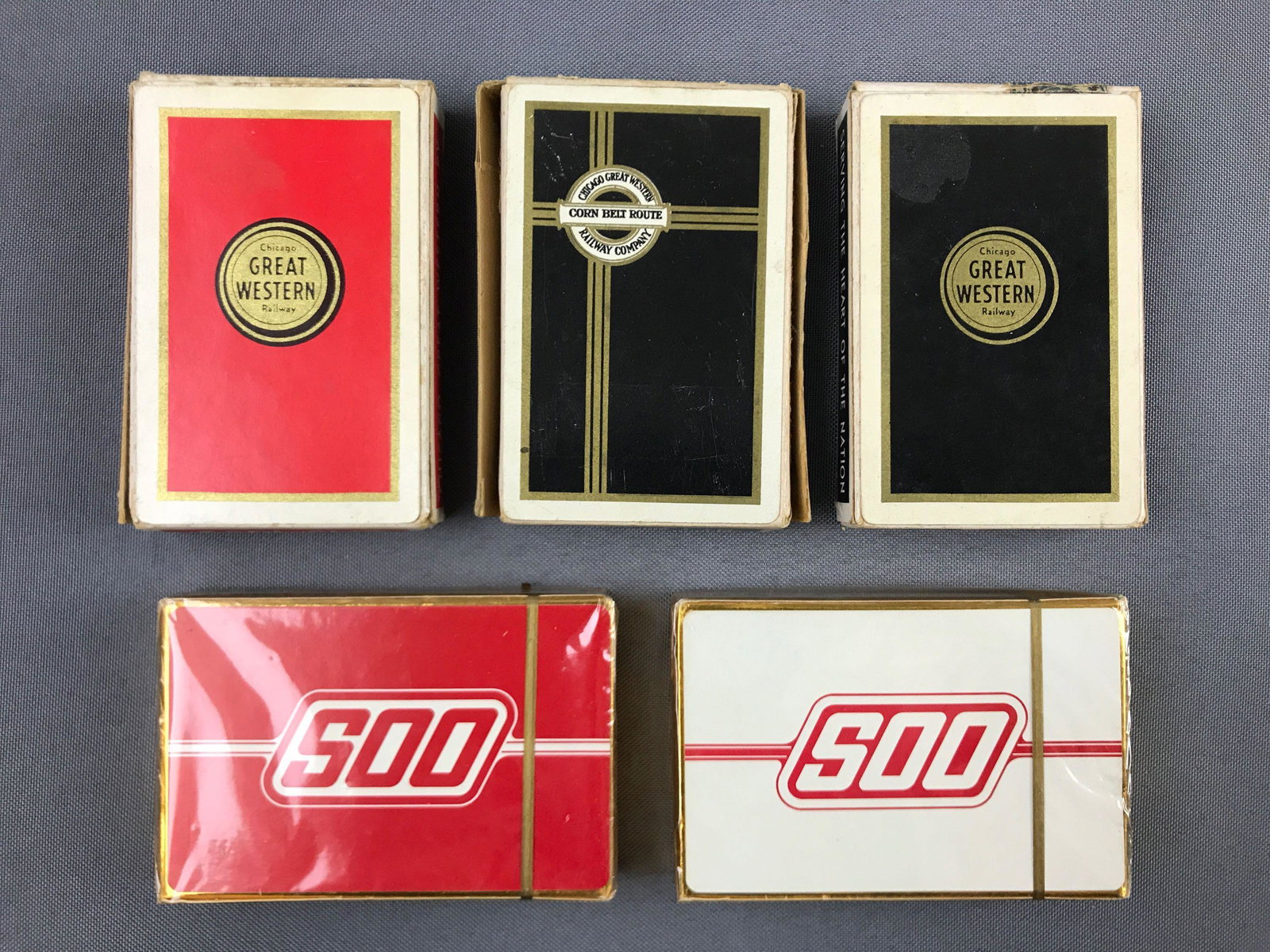 Group of 5 Vintage railway playing cards: Chicago great western railway, Soo line. Soo are sealed. Others are in used condition