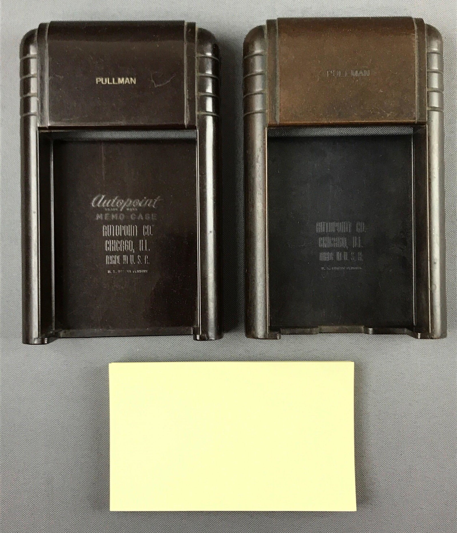 Vintage Art Deco Bakelite Pullman Company paper holder: Desktop paper holder made by autopoint. 4x6.5 inches. Includes paper. Some minimal wear to both