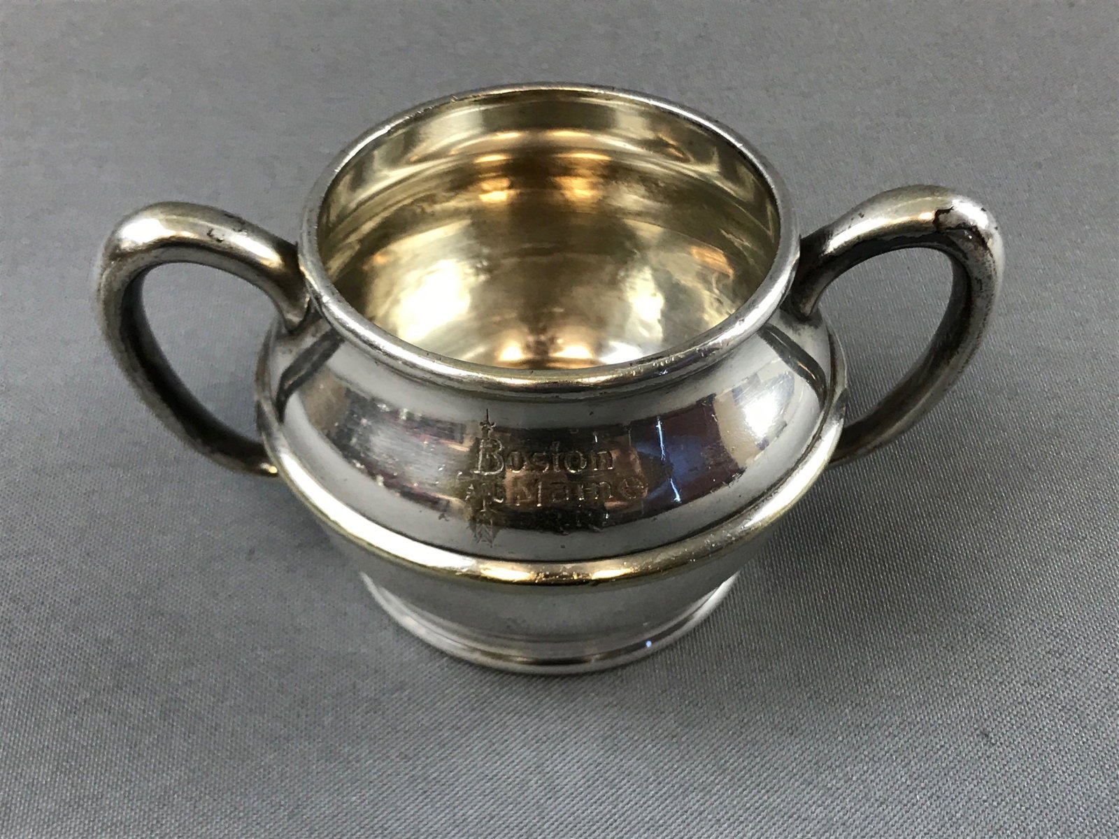 Vintage Boston Main Railroad sugar bowl: Silver soldered double handle sugar bowl by Rogers Bros, 6 oz. 5x3.5x2.25 inches