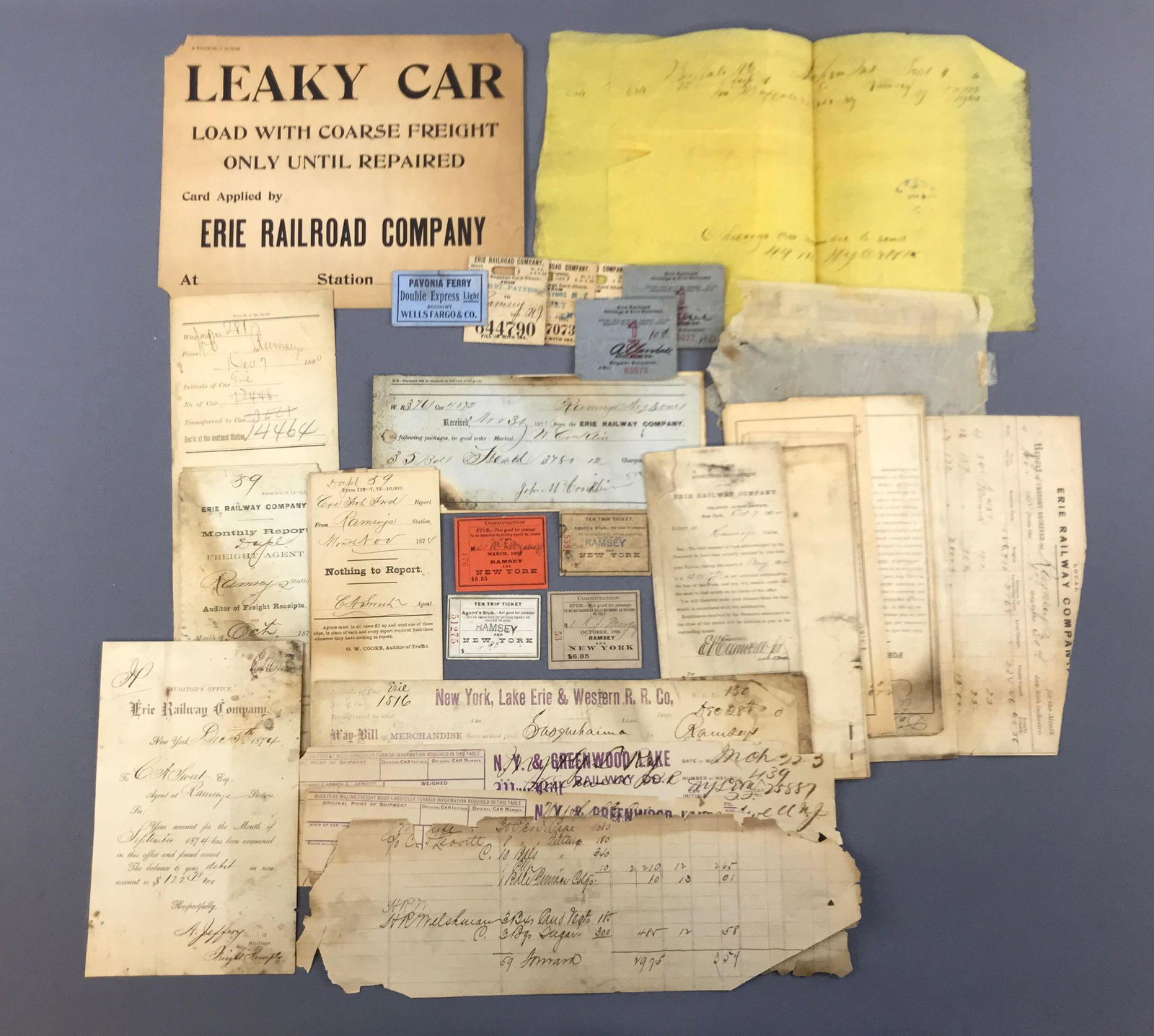Group of antique railroad correspondence: Erie railroad company, various forms and receipts, tickets and more. Some dating back to the 1870s