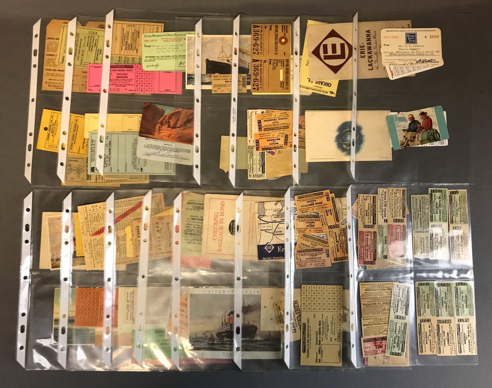 Group of vintage railroad tickets and more: Erie Lackawanna, Chicago Aurora and Elgin, Illinois Central, and more.